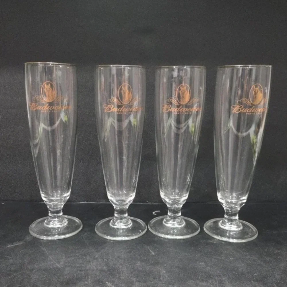 Budweiser Clydesdales Pilsner Glasses, Set of 4, Gold Rimmed Stemware, Drinkware